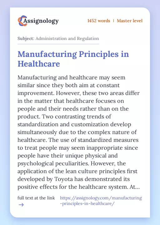 Manufacturing Principles in Healthcare - Essay Preview