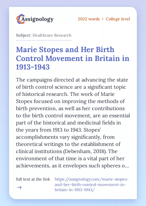 Marie Stopes and Her Birth Control Movement in Britain in 1913-1943 - Essay Preview