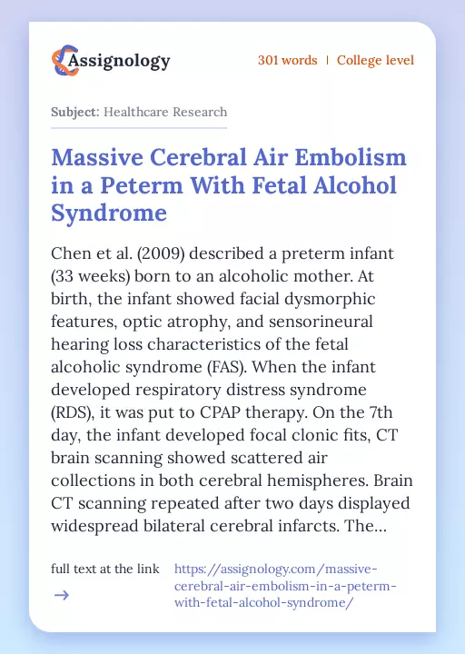 Massive Cerebral Air Embolism in a Peterm With Fetal Alcohol Syndrome - Essay Preview