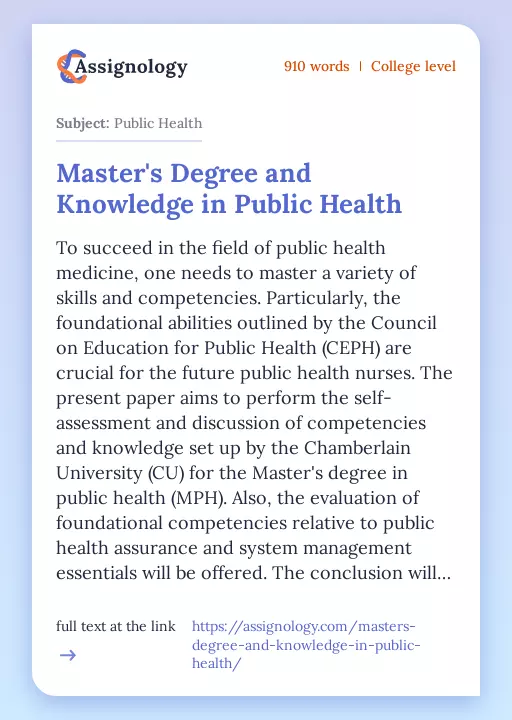 Master's Degree and Knowledge in Public Health - Essay Preview