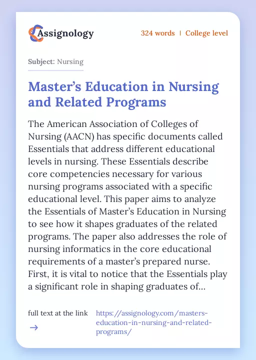 Master’s Education in Nursing and Related Programs - Essay Preview