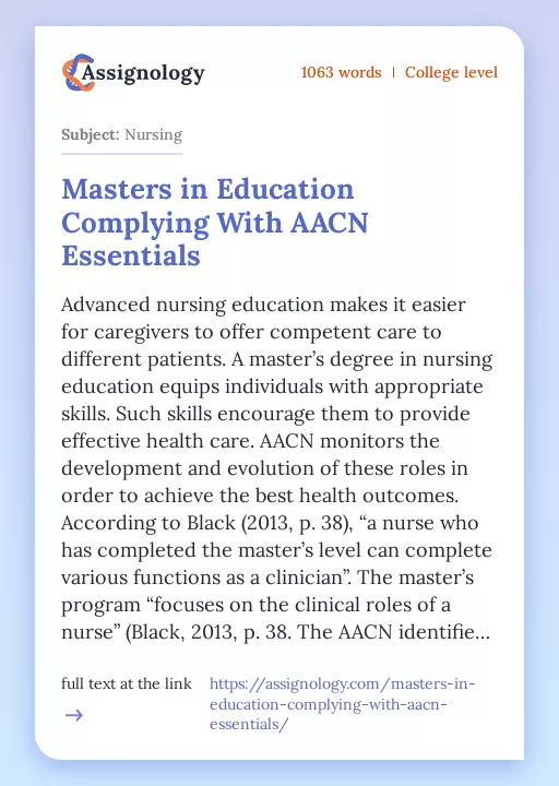 Masters in Education Complying With AACN Essentials - Essay Preview