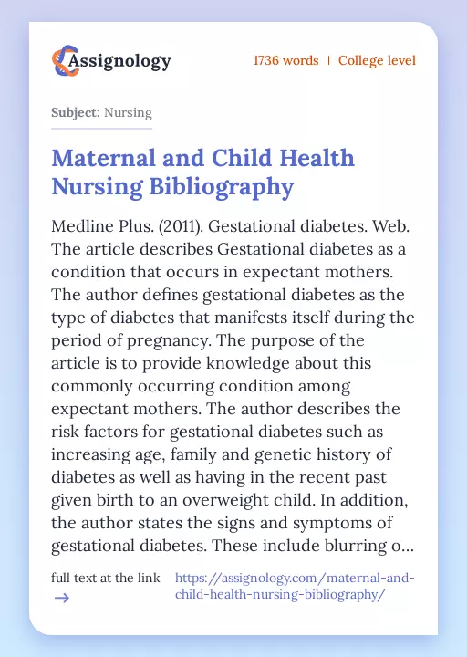 Maternal and Child Health Nursing Bibliography - Essay Preview