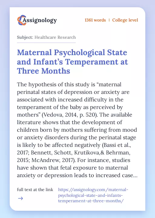 Maternal Psychological State and Infant’s Temperament at Three Months - Essay Preview