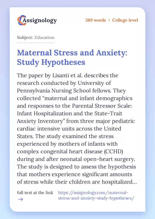 Maternal Stress and Anxiety: Study Hypotheses - Essay Preview