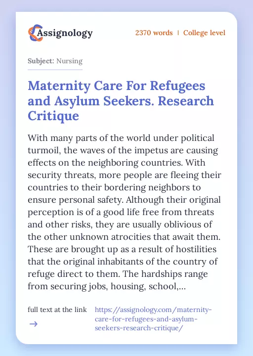 Maternity Care For Refugees and Asylum Seekers. Research Critique - Essay Preview