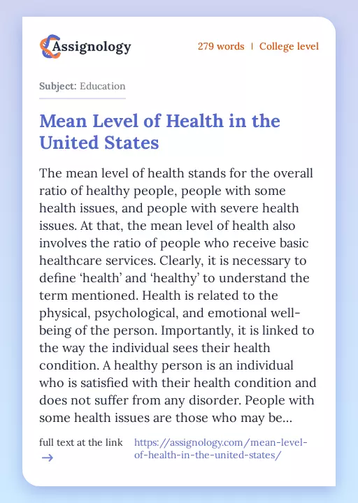 Mean Level of Health in the United States - Essay Preview
