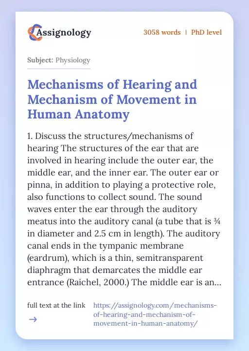 Mechanisms of Hearing and Mechanism of Movement in Human Anatomy - Essay Preview