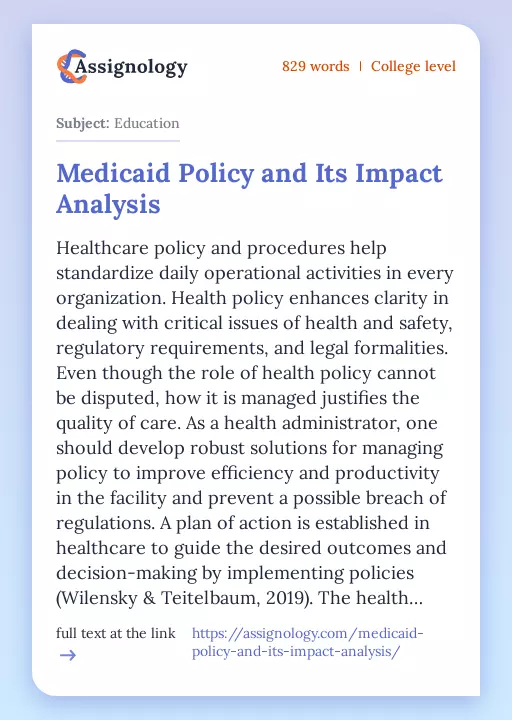 Medicaid Policy and Its Impact Analysis - Essay Preview