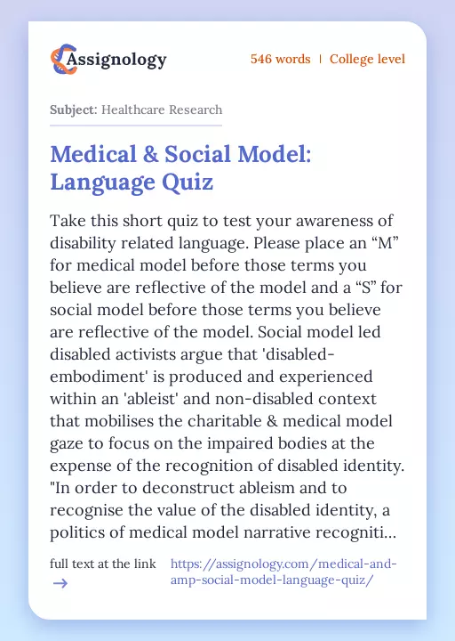 Medical & Social Model: Language Quiz - Essay Preview