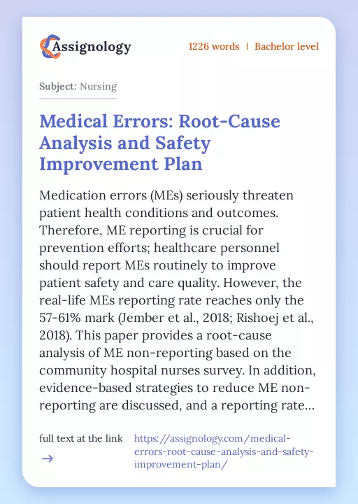 Medical Errors: Root-Cause Analysis and Safety Improvement Plan - Essay Preview