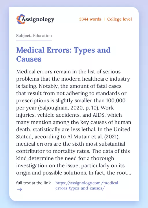 Medical Errors: Types and Causes - Essay Preview