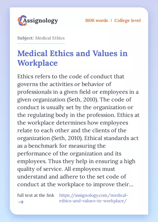 Medical Ethics and Values in Workplace - Essay Preview
