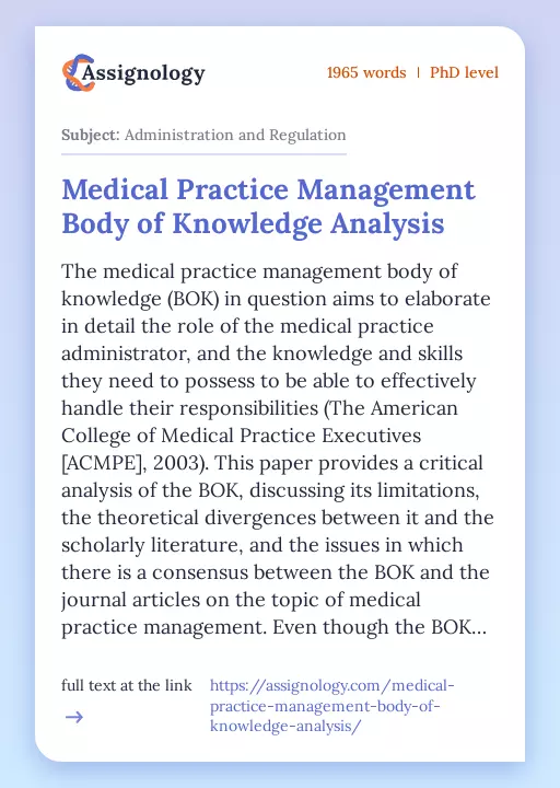 Medical Practice Management Body of Knowledge Analysis - Essay Preview