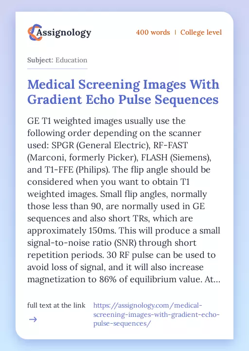 Medical Screening Images With Gradient Echo Pulse Sequences - Essay Preview