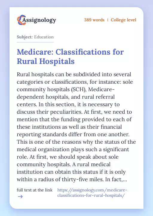 Medicare: Classifications for Rural Hospitals - Essay Preview