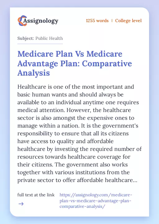 Medicare Plan Vs Medicare Advantage Plan: Comparative Analysis - Essay Preview