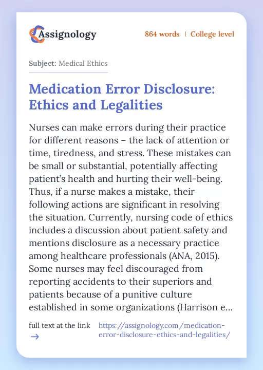 Medication Error Disclosure: Ethics and Legalities - Essay Preview