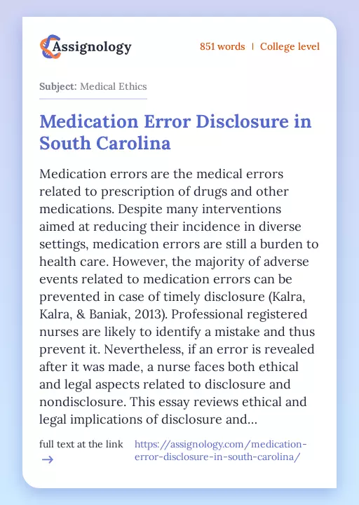 Medication Error Disclosure in South Carolina - Essay Preview