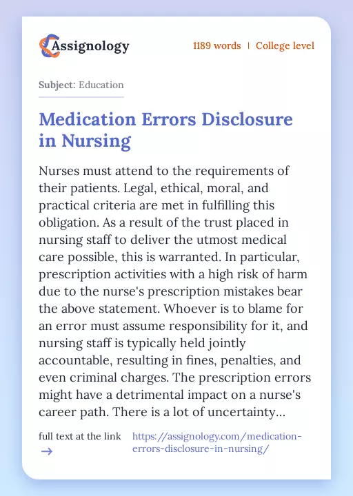 Medication Errors Disclosure in Nursing - Essay Preview