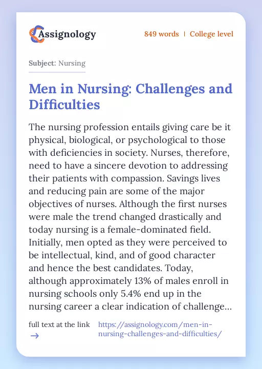 Men in Nursing: Challenges and Difficulties - Essay Preview