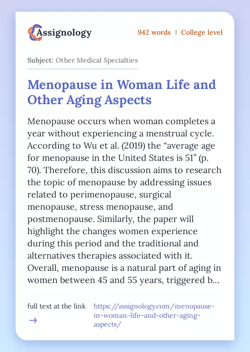 Menopause in Woman Life and Other Aging Aspects - Essay Preview