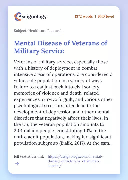 Mental Disease of Veterans of Military Service - Essay Preview