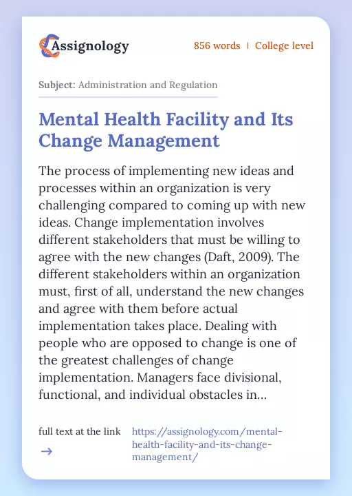 Mental Health Facility and Its Change Management - Essay Preview