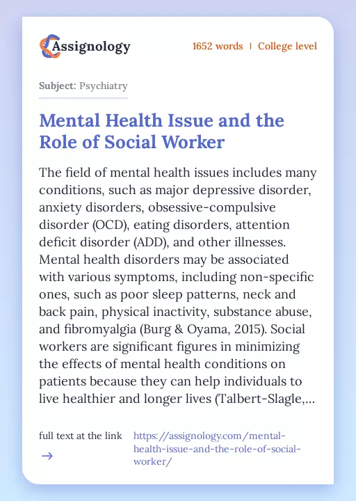 Mental Health Issue and the Role of Social Worker - Essay Preview