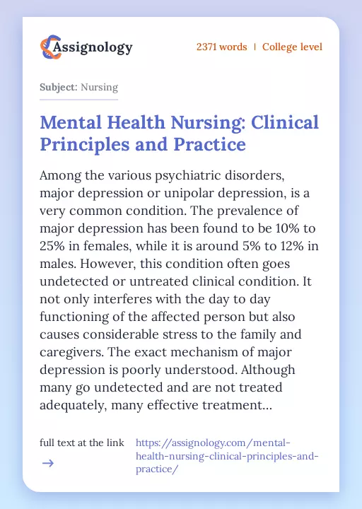 Mental Health Nursing: Clinical Principles and Practice - Essay Preview