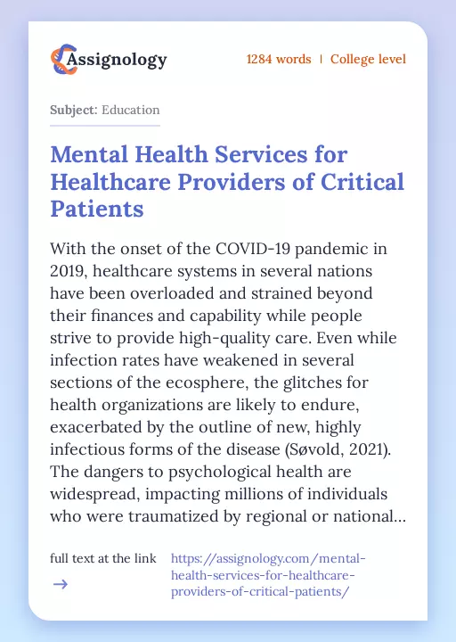 Mental Health Services for Healthcare Providers of Critical Patients - Essay Preview