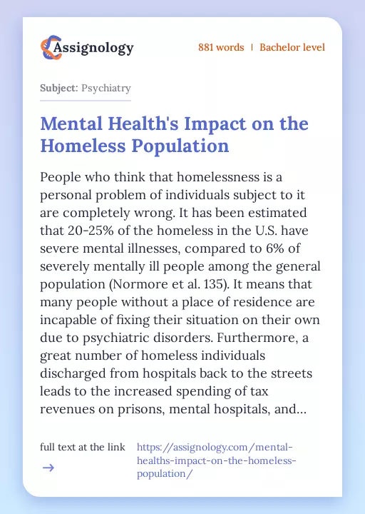 Mental Health's Impact on the Homeless Population - Essay Preview