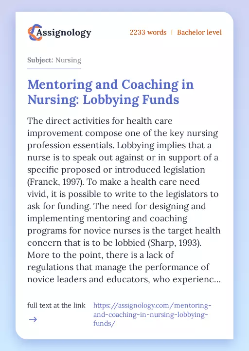 Mentoring and Coaching in Nursing: Lobbying Funds - Essay Preview