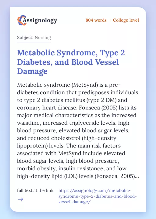 Metabolic Syndrome, Type 2 Diabetes, and Blood Vessel Damage - Essay Preview