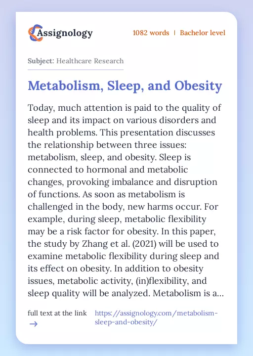 Metabolism, Sleep, and Obesity - Essay Preview