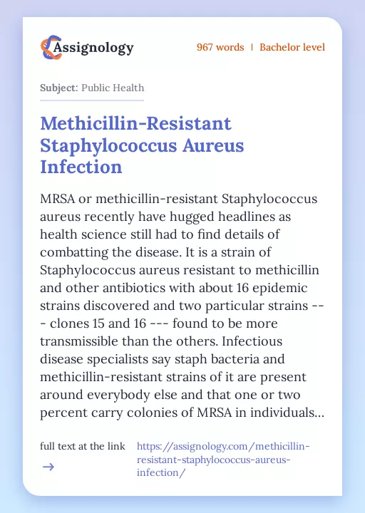 Methicillin-Resistant Staphylococcus Aureus Infection - Essay Preview