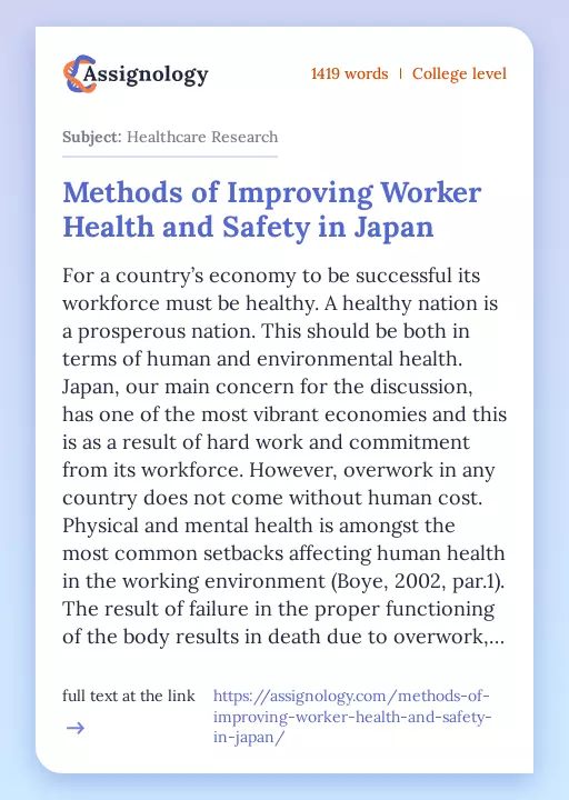 Methods of Improving Worker Health and Safety in Japan - Essay Preview
