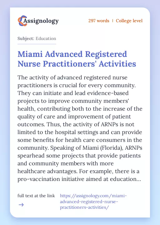 Miami Advanced Registered Nurse Practitioners' Activities - Essay Preview