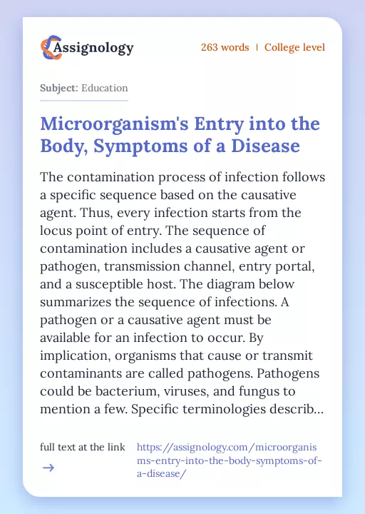 Microorganism's Entry into the Body, Symptoms of a Disease - Essay Preview