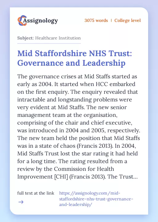 Mid Staffordshire NHS Trust: Governance and Leadership - Essay Preview