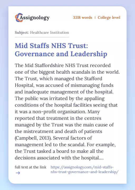 Mid Staffs NHS Trust: Governance and Leadership - Essay Preview