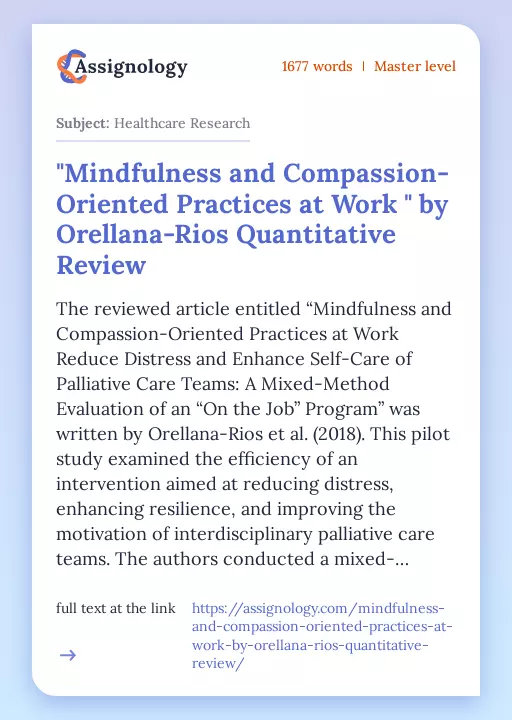 "Mindfulness and Compassion-Oriented Practices at Work " by Orellana-Rios Quantitative Review - Essay Preview