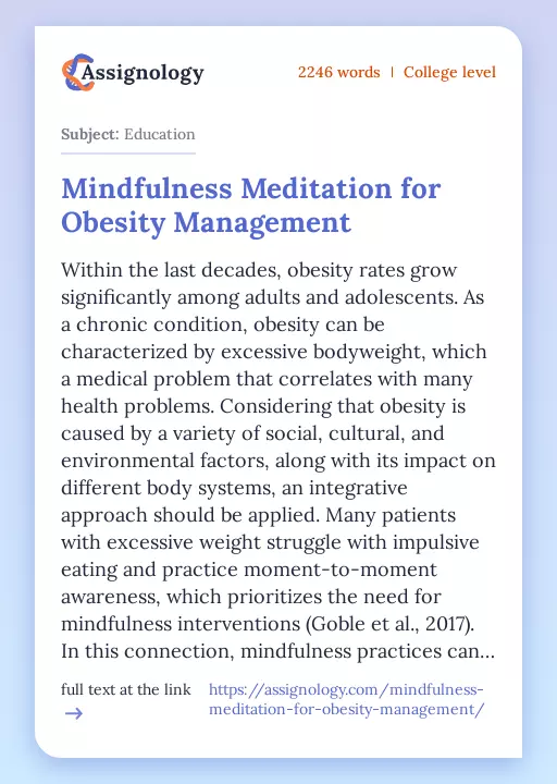 Mindfulness Meditation for Obesity Management - Essay Preview