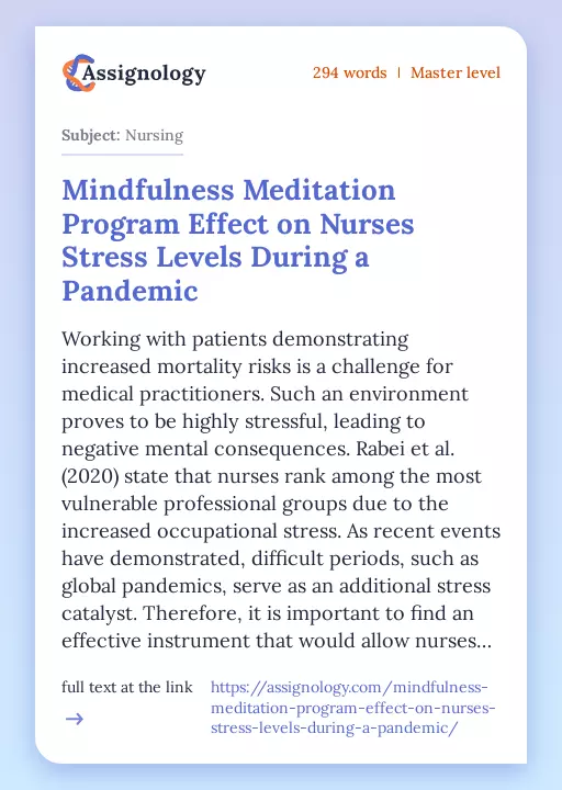 Mindfulness Meditation Program Effect on Nurses Stress Levels During a Pandemic - Essay Preview