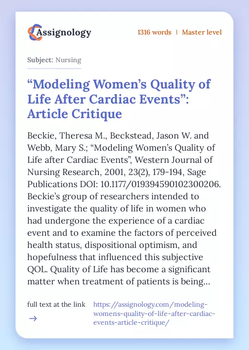 “Modeling Women’s Quality of Life After Cardiac Events”: Article Critique - Essay Preview
