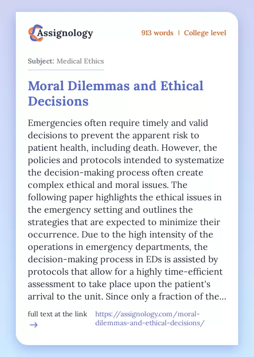 Moral Dilemmas and Ethical Decisions - Essay Preview