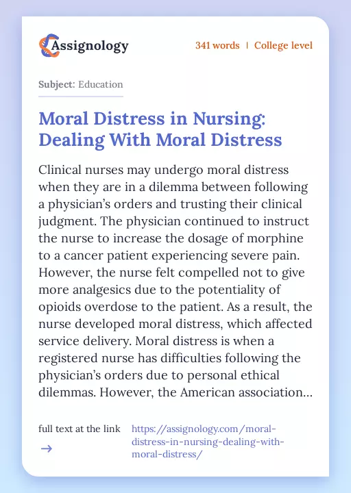 Moral Distress in Nursing: Dealing With Moral Distress - Essay Preview