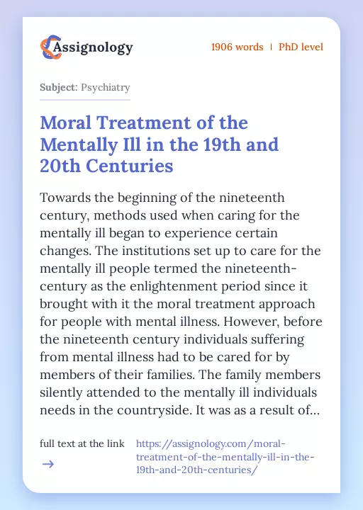 Moral Treatment of the Mentally Ill in the 19th and 20th Centuries - Essay Preview