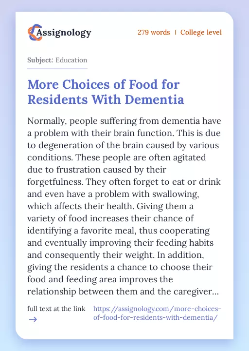 More Choices of Food for Residents With Dementia - Essay Preview