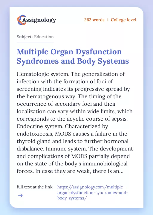 Multiple Organ Dysfunction Syndromes and Body Systems - Essay Preview